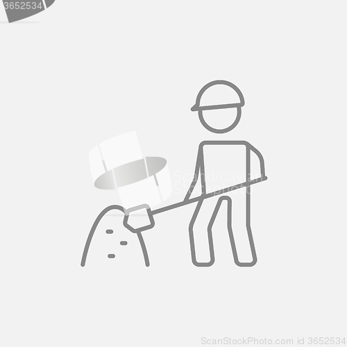 Image of Man with shovel and hill of sand line icon.