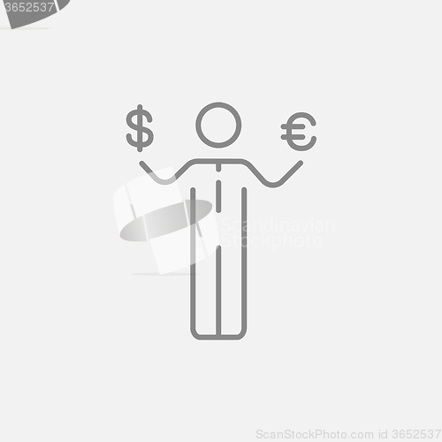 Image of Businessman holding Euro and US dollar line icon.