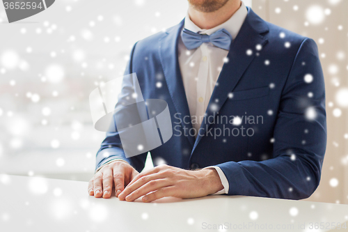 Image of close up of man in suit and bow-tie at table