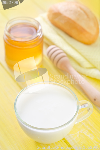 Image of honey,bread and milk