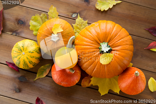 Image of close up of pumpkins on wooden table at home