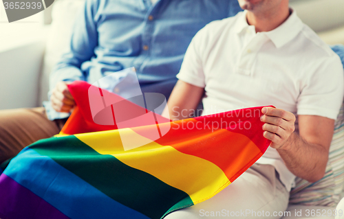 Image of close up of male gay couple holding rainbow flag