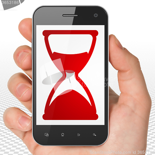 Image of Timeline concept: Hand Holding Smartphone with Hourglass on display