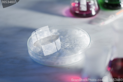 Image of close up of petri dish with chemical in lab