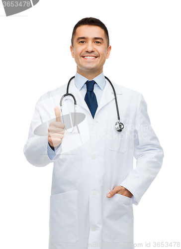 Image of smiling doctor in white coat showing thumbs up