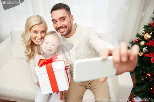 Image of family taking selfie with smartphone at christmas