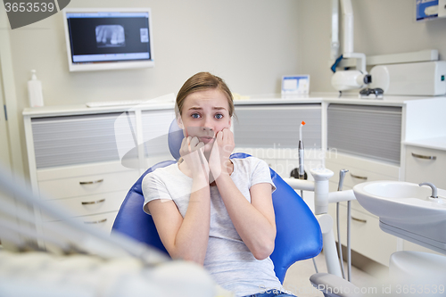 Image of scared and terrified patient girl at dental clinic
