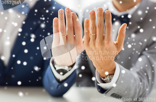 Image of close up of male gay couple with wedding rings on