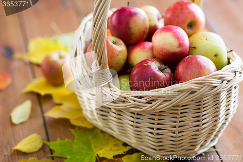 Image of close up of basket with apples on wooden table