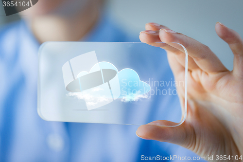 Image of close up of woman with transparent smartphone