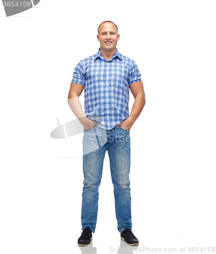 Image of smiling man in checkered shirt and jeans