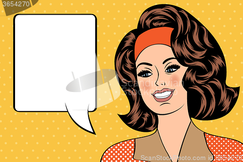 Image of Pop Art illustration of girl with the speech bubble. Pop Art gir