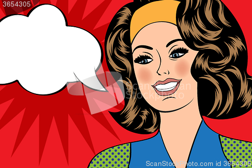 Image of Pop Art illustration of girl with the speech bubble. Pop Art gir