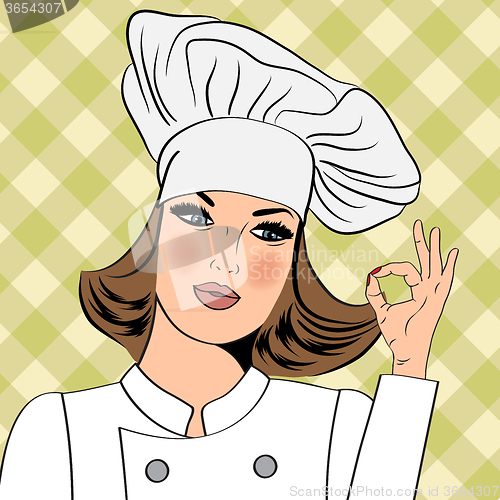 Image of Sexy chef woman in uniform  gesturing ok sign with her hand