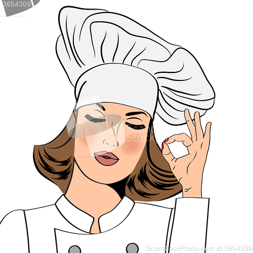 Image of Sexy chef woman in uniform  gesturing ok sign with her hand