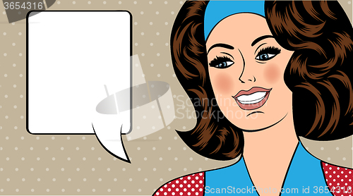 Image of Pop Art illustration of girl with the speech bubble. Pop Art gir