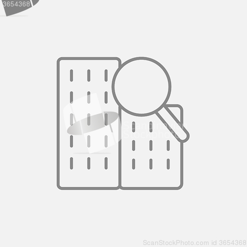 Image of Condominium and magnifying glass line icon.