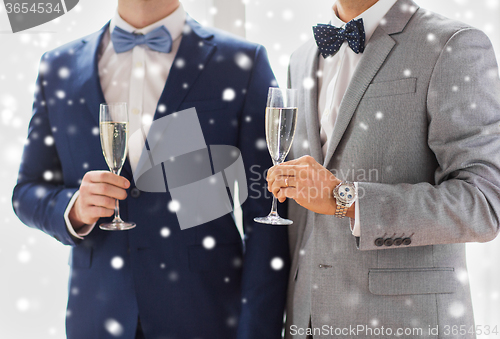 Image of close up of male gay couple with champagne glasses