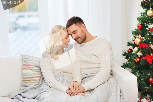 Image of happy couple covered with plaid on sofa at home