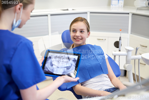 Image of dentist with x-ray on tablet pc and patient girl