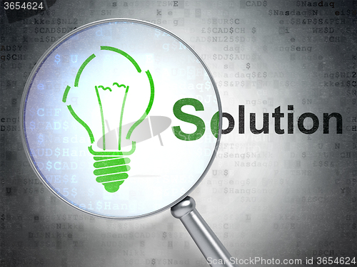 Image of Business concept: Light Bulb and Solution with optical glass