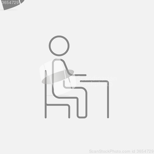 Image of Student sitting on chair in front of desk line icon.