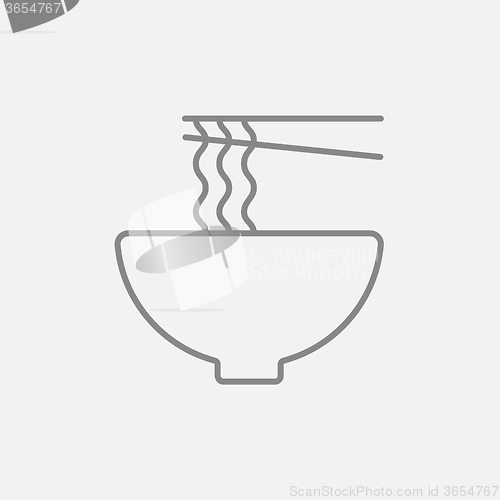 Image of Bowl of noodles with pair chopsticks line icon.