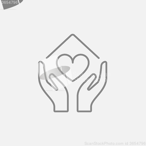 Image of Hands holding house symbol with heart shape line icon.