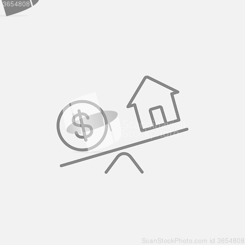 Image of House and dollar symbol on scales line icon.