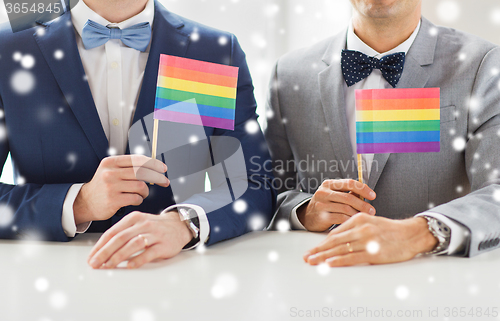 Image of close up of male gay couple holding rainbow flags