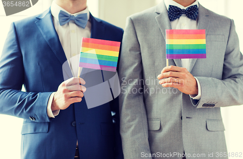 Image of close up of male gay couple holding rainbow flags