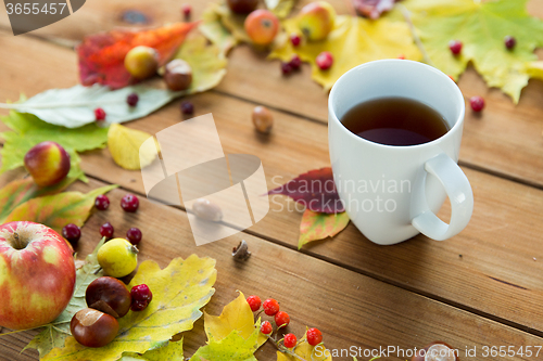 Image of close up of tea cup on table with autumn leaves