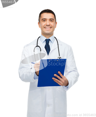 Image of smiling male doctor with clipboard and stethoscope