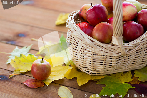 Image of close up of basket with apples on wooden table
