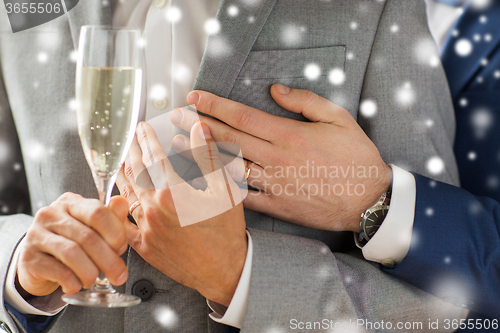 Image of close up of male gay couple with champagne glass