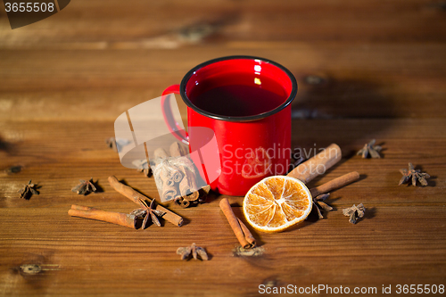 Image of close up of tea cup with spices on wooden table