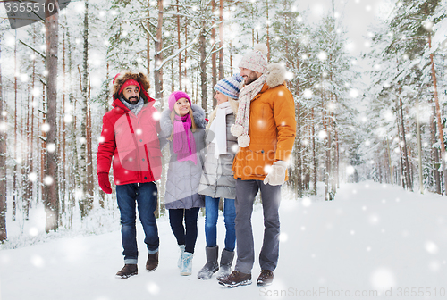 Image of group of smiling men and women in winter forest