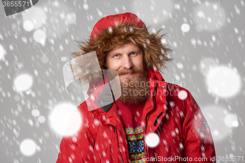 Image of bright picture of handsome man in winter jacket