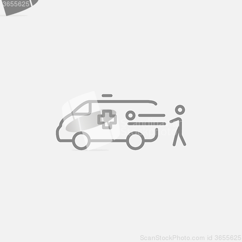 Image of Man with patient and ambulance car line icon.