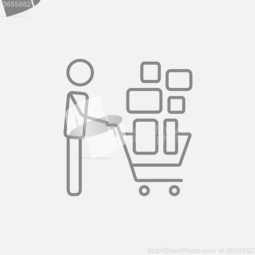 Image of Man pushing shopping cart line icon.