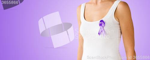 Image of close up of woman with purple awareness ribbon