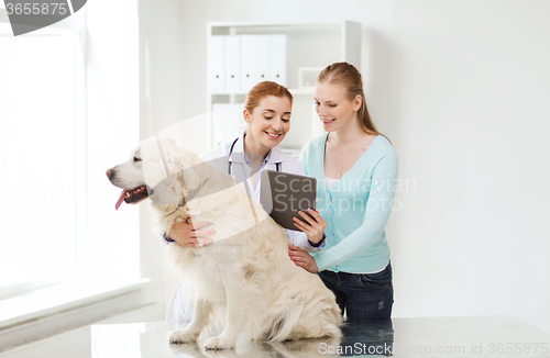 Image of happy woman with dog and doctor at vet clinic