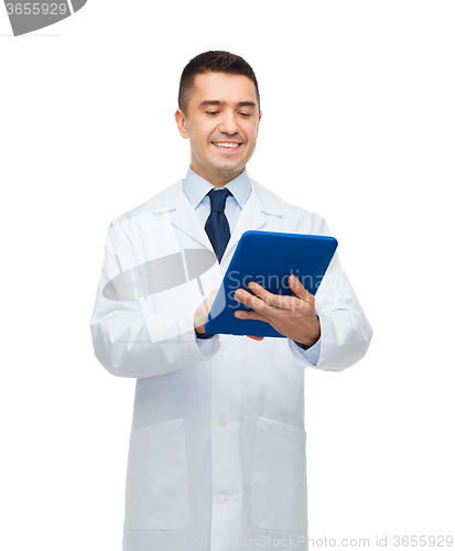 Image of smiling male doctor in white coat with tablet pc