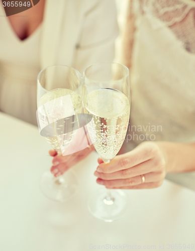 Image of close up of lesbian couple with champagne glasses