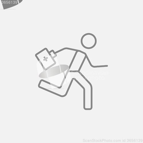 Image of Paramedic running with first aid kit line icon.