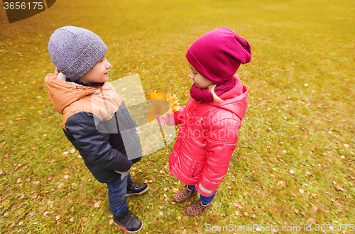 Image of little boy giving autumn maple leaves to girl