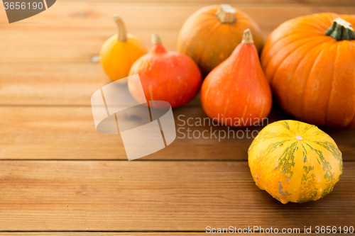 Image of close up of pumpkins on wooden table at home