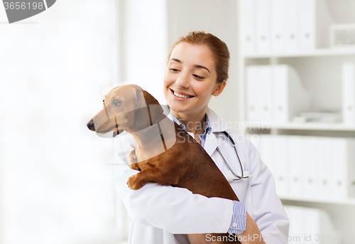 Image of happy doctor with dog at vet clinic