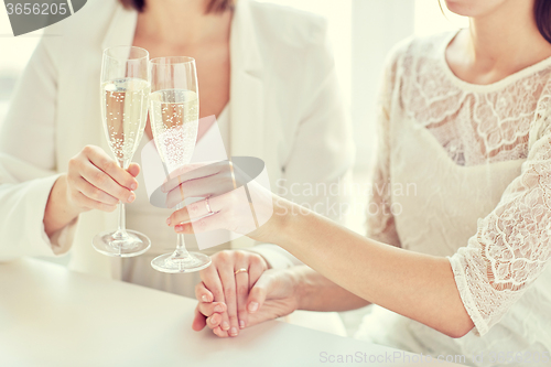 Image of close up of lesbian couple with champagne glasses