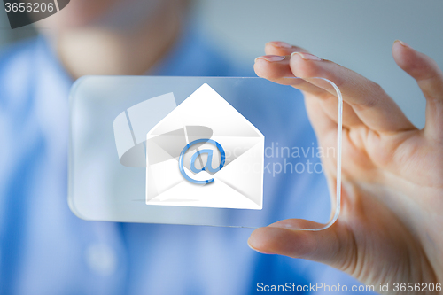 Image of close up of woman with transparent smartphone